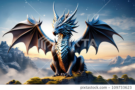 A dragon with wings on a mountain top, a symbol of 2024 according to the Chinese calendar. Year of the Dragon. Image with space for text and copy space 109733623