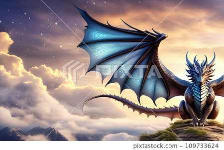 A dragon with wings on a mountain top, a symbol of 2024 according to the Chinese calendar. Year of the Dragon. Image with space for text and copy space 109733624