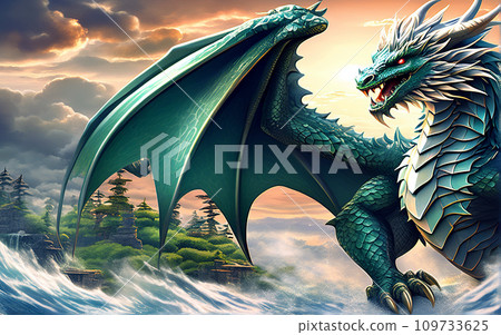 A dragon with wings on a mountain top, a symbol of 2024 according to the Chinese calendar. Year of the Dragon. Image with space for text and copy space 109733625
