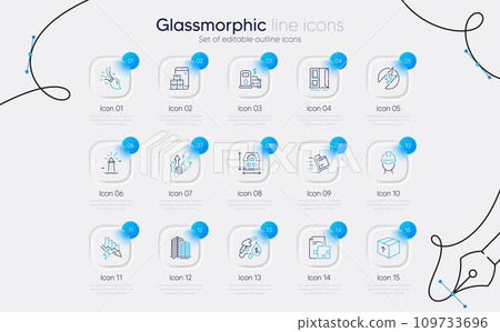 Set of Filling station, Strategy and Open door line icons for web app. Saving electricity, Mobile inventory, Inventory cart icons. Brush, Petrol station, Electric energy signs. Vector 109733696