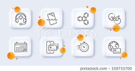 Smartphone waterproof, Chemical formula and Calendar graph line icons pack. 3d glass buttons with blurred circles. Timer, Medical support, Internet pay web icon. Vector 109733700