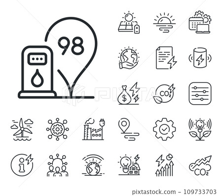 Filling station location sign. Energy, Co2 exhaust and solar panel outline icons. Petrol station line icon. 98 gasoline fuel symbol. Petrol station line sign. Eco electric or wind power icon. Vector Filling station location sign. Energy, Co2 exhaust and solar panel outline icons. Petrol station line icon. 98 gasoline fuel symbol. Petrol station line sign. Eco electric or wind power icon. Vector 109733703