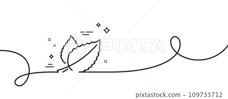 Mint leaves line icon. Continuous one line with curl. Herbal leaf sign. Tea with Mentha symbol. Mint leaves single outline ribbon. Loop curve pattern. Vector 109733712