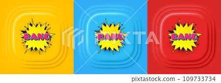 Bang comic cartoon bubble banner. Neumorphic offer banner, flyer or poster. Discount sticker shape. Cartoon boom icon. Bang bubble promo event banner. 3d square buttons. Special deal coupon. Vector 109733734