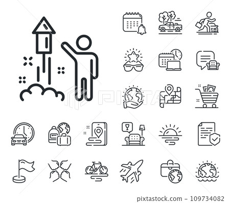 Christmas or New year rocket sign. Plane jet, travel map and baggage claim outline icons. Fireworks line icon. Pyrotechnic symbol. Fireworks line sign. Car rental, taxi transport icon. Vector 109734082