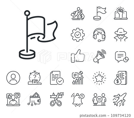 Goal success sign. Salaryman, gender equality and alert bell outline icons. Flag line icon. Leadership symbol. Flag line sign. Spy or profile placeholder icon. Online support, strike. Vector Goal success sign. Salaryman, gender equality and alert bell outline icons. Flag line icon. Leadership symbol. Flag line sign. Spy or profile placeholder icon. Online support, strike. Vector 109734120