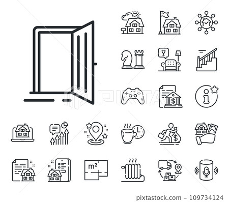 Entrance doorway sign. Floor plan, stairs and lounge room outline icons. Open door line icon. Building entry symbol. Open door line sign. House mortgage, sell building icon. Real estate. Vector 109734124