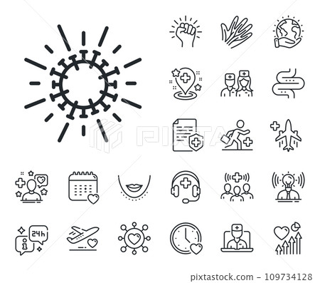Covid-19 pandemic virus sign. Online doctor, patient and medicine outline icons. Coronavirus line icon. Corona virus symbol. Coronavirus line sign. Veins, nerves and cosmetic procedure icon. Vector Covid-19 pandemic virus sign. Online doctor, patient and medicine outline icons. Coronavirus line icon. Corona virus symbol. Coronavirus line sign. Veins, nerves and cosmetic procedure icon. Vector 109734128