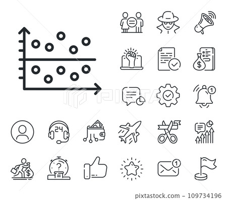 Presentation chart sign. Salaryman, gender equality and alert bell outline icons. Dot plot graph line icon. Market analytics symbol. Dot plot line sign. Spy or profile placeholder icon. Vector 109734196