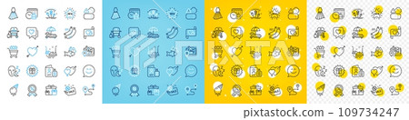 Vector icons set of Surprise boxes, Dress and Gas grill line icons pack for web with Journey, Gps, Sleep outline icon. Sunbed, Smile chat, Passport pictogram. Bumper cars, Fish, Ice cream. Vector 109734247