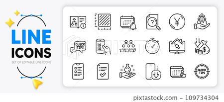 Tips, Technical algorithm and Quick tips line icons set for app include Checklist, Mobile survey, Accounting outline thin icon. Timer, Yen money, Deflation pictogram icon. Chemistry lab. Vector Tips, Technical algorithm and Quick tips line icons set for app include Checklist, Mobile survey, Accounting outline thin icon. Timer, Yen money, Deflation pictogram icon. Chemistry lab. Vector 109734304