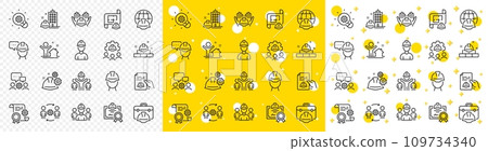 Teamwork, People and Technical documentation. Engineering line icons. Blueprint with gear, engineer and construction helmet set icons. Technician, industrial people, engineering process. Vector 109734340