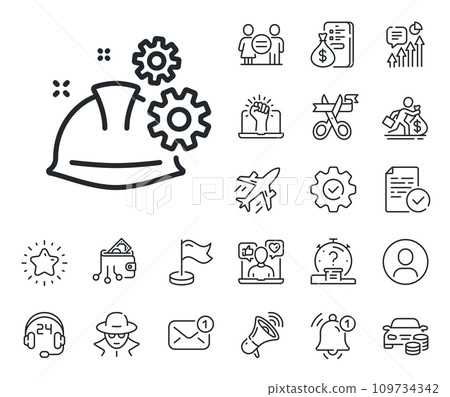 Engineer or architect helmet sign. Salaryman, gender equality and alert bell outline icons. Engineering working process line icon. Industrial job symbol. Working process line sign. Vector 109734342