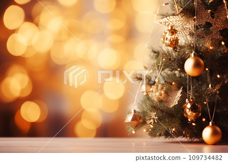 Christmas background. Empty wooden table with Christmas tree and New Year bokeh. 109734482