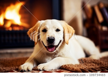 Labrador warms itself in winter near the fireplace. 109734483