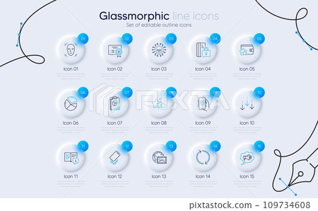 Set of Smartphone broken, Report and Pie chart line icons for web app. Stars, Web photo, Blocked card icons. Scroll down, Megaphone, Parking app signs. Reject certificate, Cyber attack, Manual. Vector 109734608