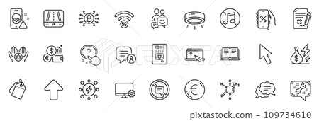 Icons pack as Discounts app, Upload and Bitcoin system line icons for app include Swipe up, Cursor, Currency rate outline thin icon web set. Cyber attack, Spanner, Question button pictogram. Vector 109734610