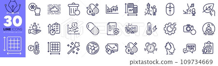 Pantothenic acid, Yoga and Stress line icons pack. Recovery photo, Recovery trash, Air fan web icon. Fireworks, Magic wand, Fahrenheit thermometer pictogram. Timer, Freezing click. Vector 109734669