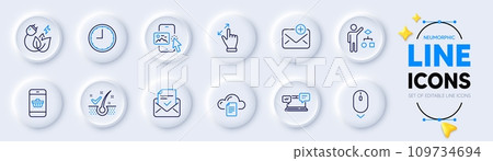 Touchscreen gesture, Green energy and Anti-dandruff flakes line icons for web app. Pack of Approved mail, File storage, Smartphone buying pictogram icons. Scroll down, New mail. Vector 109734694