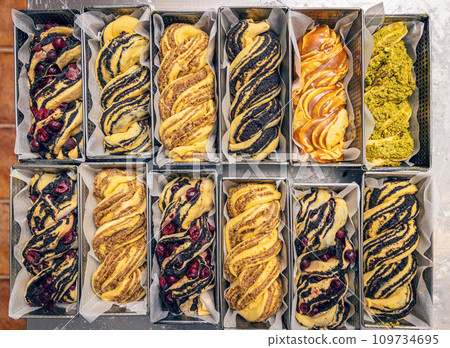 Lot of raw sweet bread babka 109734695