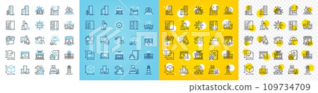 Vector icons set of Arena, Market and Lighthouse line icons pack for web with Factory, Open door, Skyscraper buildings outline icon. Distribution, Realtor, Terrace pictogram. Buildings. Vector Vector icons set of Arena, Market and Lighthouse line icons pack for web with Factory, Open door, Skyscraper buildings outline icon. Distribution, Realtor, Terrace pictogram. Buildings. Vector 109734709