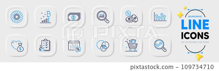 Grocery basket, Banking and Currency exchange line icons for web app. Pack of Upper arrows, Data analysis, Checklist pictogram icons. Euler diagram, Calendar tax, Analytics signs. Vector 109734710
