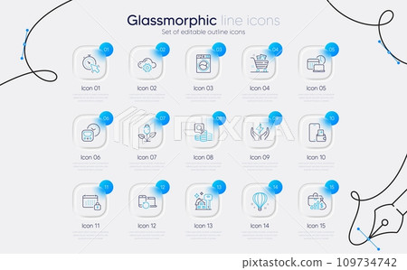 Set of Safe energy, Inspect and Timer line icons for web app. Calendar, Phone wallet, Recovery devices icons. Work time, Buying house, Cloud computing signs. Eco power, Grocery basket. Vector 109734742