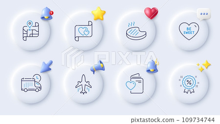 Discount, Grilled steak and Delivery line icons. Buttons with 3d bell, chat speech, cursor. Pack of Plane, Map, Love document icon. Love letter, Be sweet pictogram. For web app, printing. Vector Discount, Grilled steak and Delivery line icons. Buttons with 3d bell, chat speech, cursor. Pack of Plane, Map, Love document icon. Love letter, Be sweet pictogram. For web app, printing. Vector 109734744