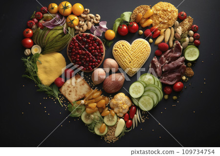 a variety of food laid out in the shape of a heart for the Valentine's Day holiday on February 14. 109734754