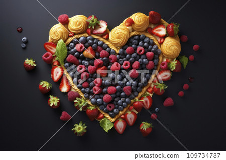 a variety of food laid out in the shape of a heart for the Valentine's Day holiday on February 14. a variety of food laid out in the shape of a heart for the Valentine's Day holiday on February 14. 109734787