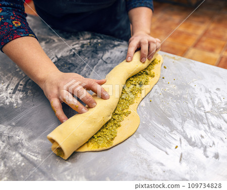 Sweet pistachio roll sweet brioche 109734828