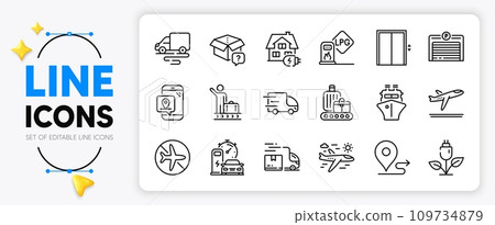 Delivery truck, Eco power and Delivery route line icons set for app include Pin marker, Secret package, Baggage belt outline thin icon. Luggage belt, Gas station, Ship pictogram icon. Vector 109734879