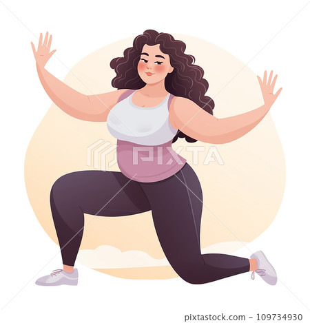 flat illustration of a plus size girl doing exercises. lifestyle, yoga exercises. modern style cartoon 109734930