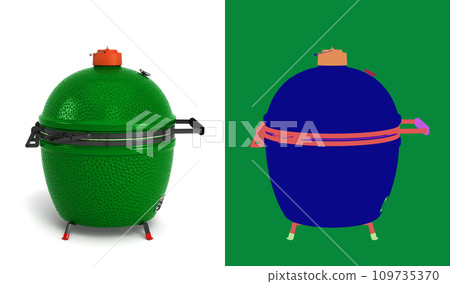 Small barbecue green color BBQ grill  for outdoor prepare meat food right view 3d render on white with alpha 109735370