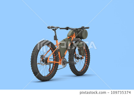 modern mountain tourist orang bicycle with accessories back right view 3d render on blue 109735374
