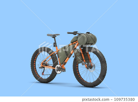 modern mountain tourist orang bicycle with accessories right view 3d render on blue 109735380