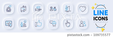 Like photo, Like and Support line icons for web app. Pack of Salary, Leaf, Journey path pictogram icons. Friendship, Cursor, Foreman signs. Fisherman, Users, Heart. Thumbs up, Good reaction. Vector Like photo, Like and Support line icons for web app. Pack of Salary, Leaf, Journey path pictogram icons. Friendship, Cursor, Foreman signs. Fisherman, Users, Heart. Thumbs up, Good reaction. Vector 109735577
