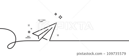 Paper plane line icon. Continuous one line with curl. Airplane flight transport sign. Share symbol. Paper plane single outline ribbon. Loop curve pattern. Vector Paper plane line icon. Continuous one line with curl. Airplane flight transport sign. Share symbol. Paper plane single outline ribbon. Loop curve pattern. Vector 109735579