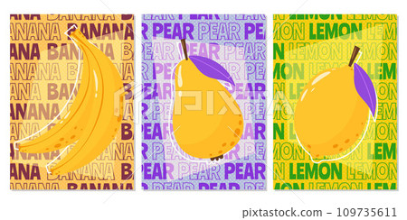 Set of abstract modern fruit posters. Banana, lemon, pear fruits.Summer vitamin vector illustration for banner, flyer, menu, fruit shop, social media 109735611
