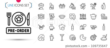 Pack of Food donation, Grill and Food delivery line icons. Include Cooking timer, Porridge, Soy nut pictogram icons. Latte, Tea bag, Seafood signs. Cooking whisk, Dishes, Cold coffee. Vector Pack of Food donation, Grill and Food delivery line icons. Include Cooking timer, Porridge, Soy nut pictogram icons. Latte, Tea bag, Seafood signs. Cooking whisk, Dishes, Cold coffee. Vector 109735647