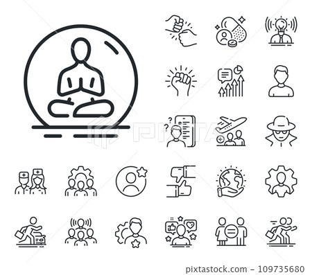 Meditation pose sign. Specialist, doctor and job competition outline icons. Yoga line icon. Relax body and mind symbol. Yoga line sign. Avatar placeholder, spy headshot icon. Strike leader. Vector Meditation pose sign. Specialist, doctor and job competition outline icons. Yoga line icon. Relax body and mind symbol. Yoga line sign. Avatar placeholder, spy headshot icon. Strike leader. Vector 109735680