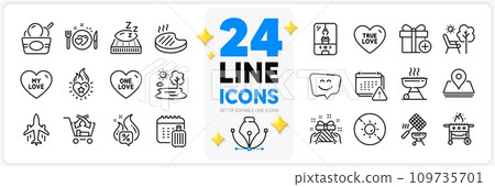 Icons set of One love, Grilled steak and Gas grill line icons pack for app with Smile face, No sun, Mattress thin outline icon. Notification, Grill, Gift pictogram. Baggage calendar. Vector 109735701
