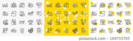 Outline Report diagram, Loyalty star and Diamond line icons pack for web with Budget, Sale gift, Pay line icon. Stock analysis, Inflation, Loyalty gift pictogram icon. Tickets. Vector Outline Report diagram, Loyalty star and Diamond line icons pack for web with Budget, Sale gift, Pay line icon. Stock analysis, Inflation, Loyalty gift pictogram icon. Tickets. Vector 109735705