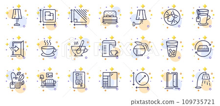 Outline set of Cupboard, Table lamp and Circle area line icons for web app. Include Coffeepot, Mattress, Open door pictogram icons. Triangle area, Ice tea, Tea signs. Coffee vending. Vector 109735721