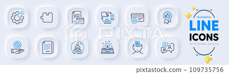 Calendar tax, Seo gear and Document signature line icons for web app. Pack of Safe planet, Yoga, Anxiety pictogram icons. Typewriter, Support chat, Puzzle signs. Change card. Vector 109735756