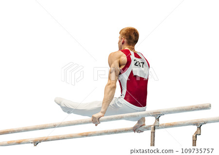 gymnast exercise parallel bars in gymnastics isolated on white background, element l-sit in support or through support on 2 bars 109735757