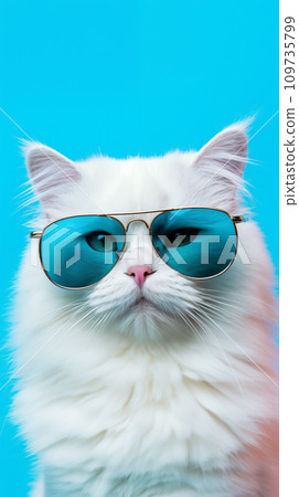 Portrait cool cat concept design, white cat wearing eyes glasses isolated on background, blue texture on background, iOS background style, 109735799