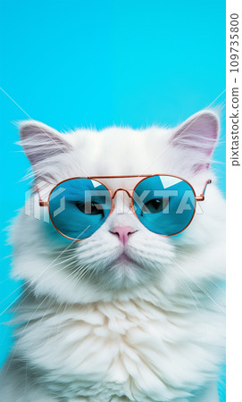 Portrait cool cat concept design, white cat wearing eyes glasses isolated on background, blue texture on background, iOS background style, 109735800