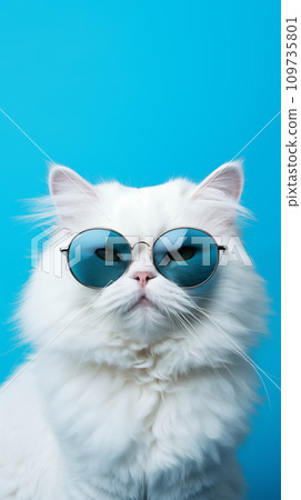Portrait cool cat concept design, white cat wearing eyes glasses isolated on background, blue texture on background, iOS background style, 109735801