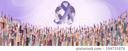 Copy space banner with many raised hands of people holding a purple ribbon on a background with a globe earth for the World cancer day event.Awareness prevention treatment.Cancer survivor  109735879